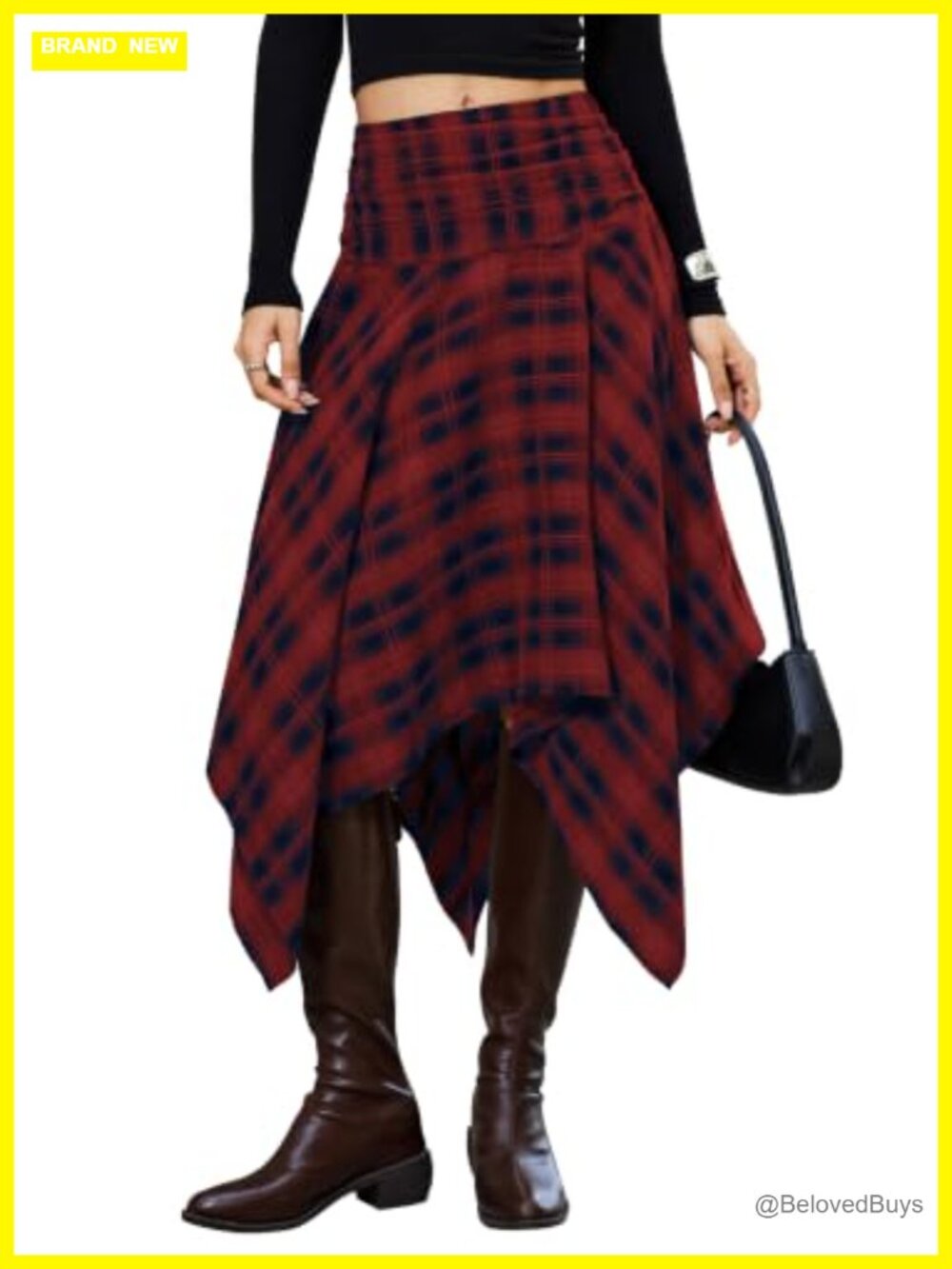 Womens Plaid Asymmetrical Handkerchief Midi Skirt Y2K Smocked High Waist